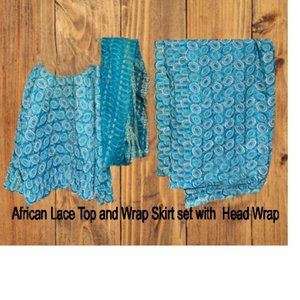 African Lace Top and Wrap Skirt set with  Head Wrap